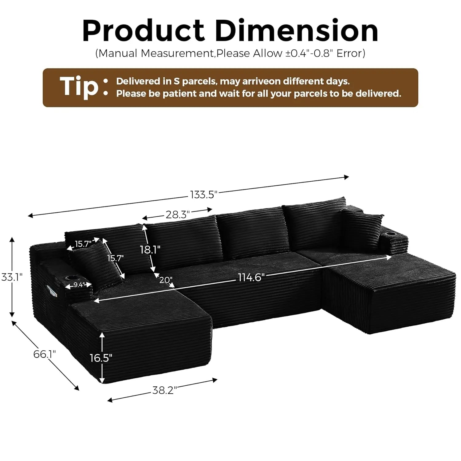 The Avrion Black U-Shaped Sectional Sofa